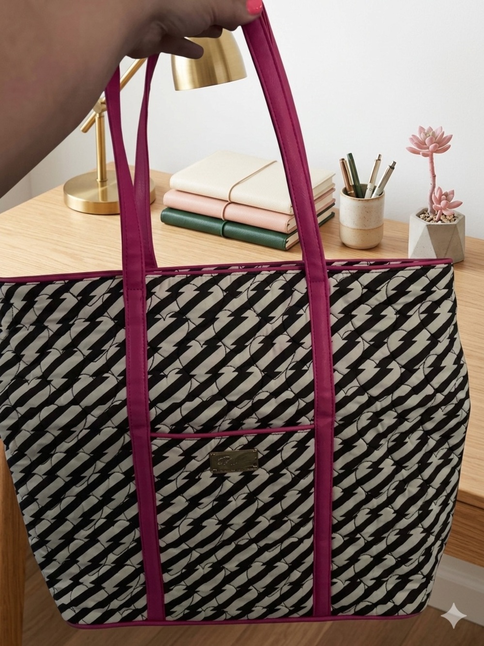 LUV Betsey by Betsey Johnson quilted chevron stripe tote bag with pink accents - Picture 2 of 8